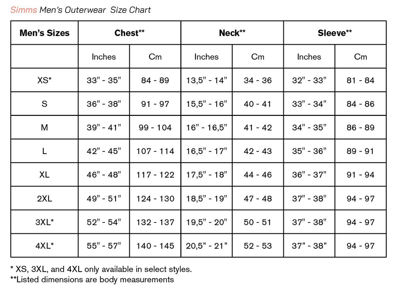 simms jacket size chart